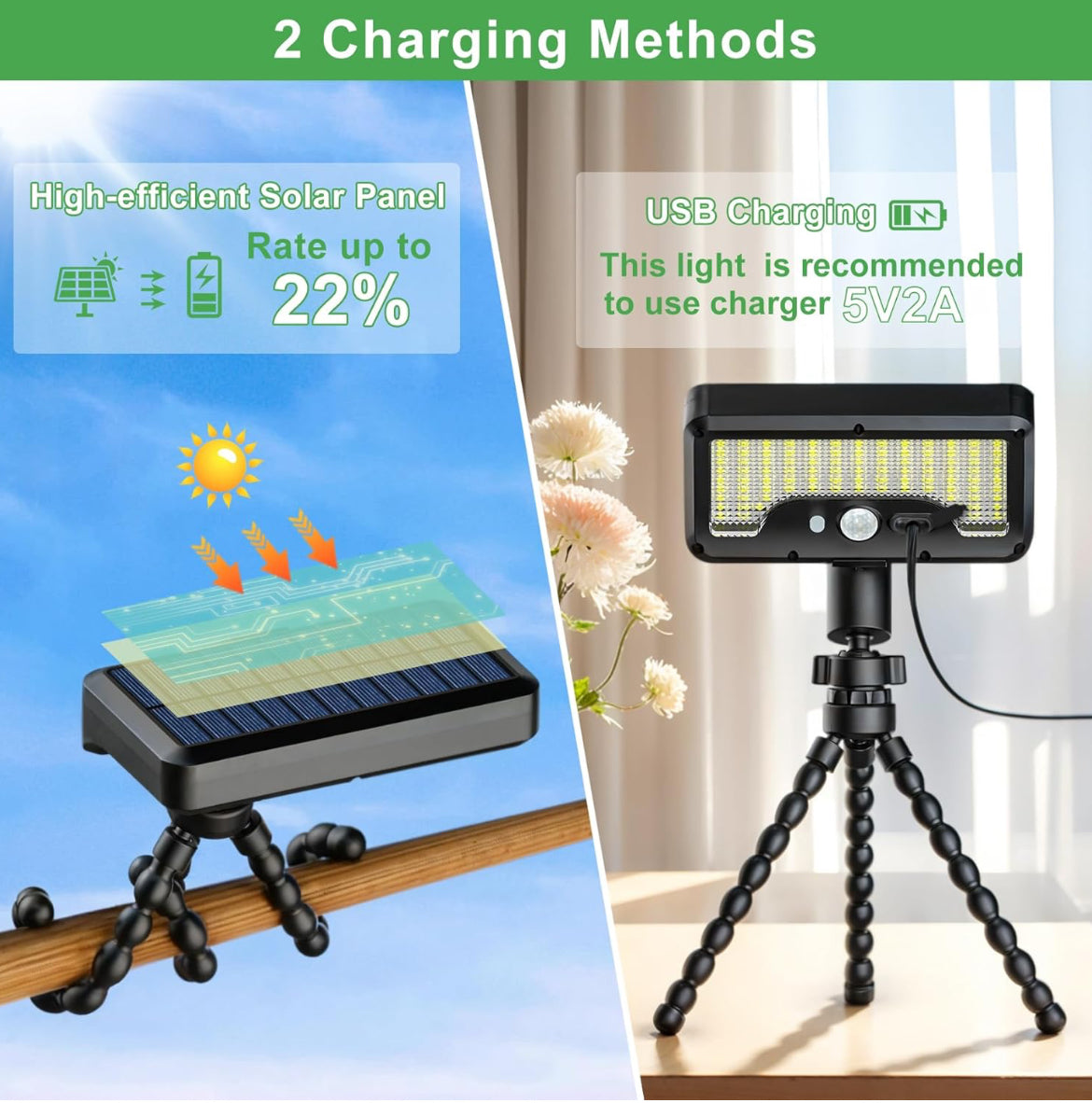 Outdoor Solar Light with Motion Sensor, Octopus Bracket, Adjustable Angle, USB & Solar Powered